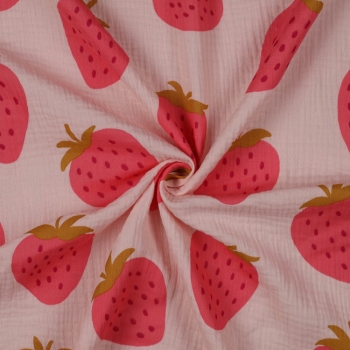 Preview: Musselin Erdbeeren auf hellrosa